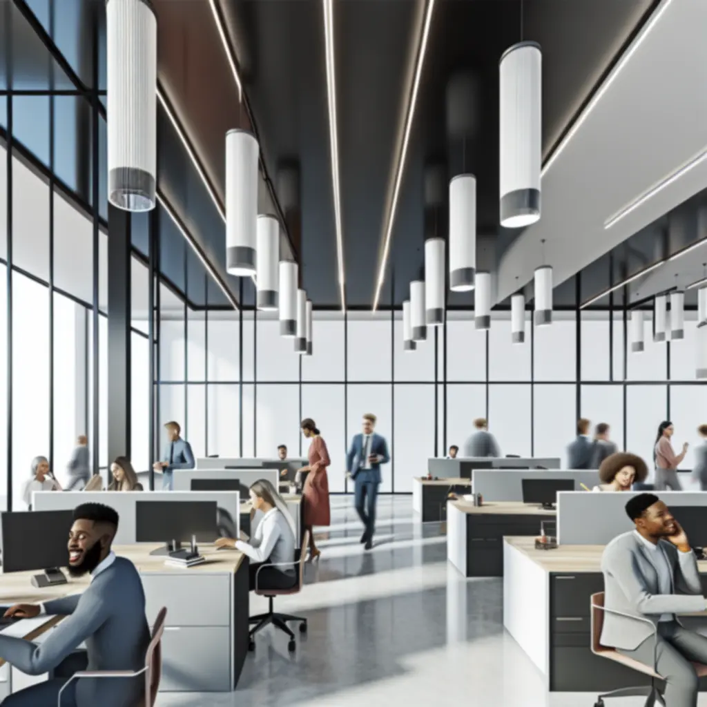 Modern commercial workspace with focused and ambient lighting creating a branded atmosphere.