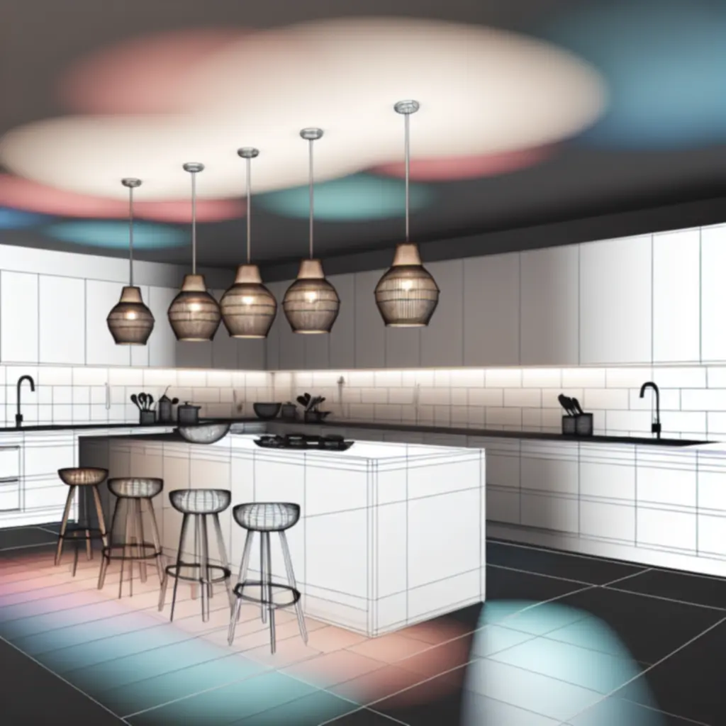 Contemporary kitchen with pendant, task, and accent lighting.
