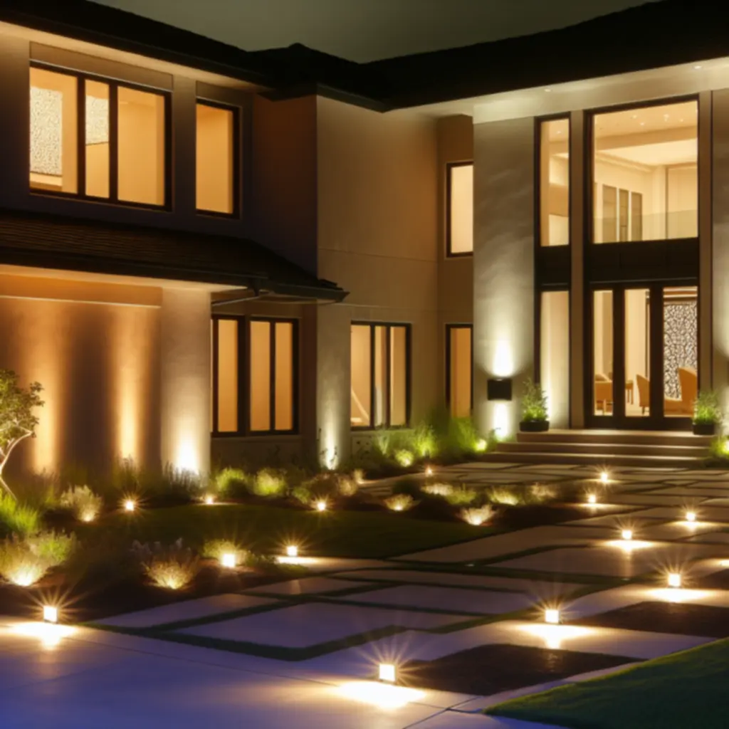 Evening exterior with layered landscape lighting along paths, facades, and garden features.