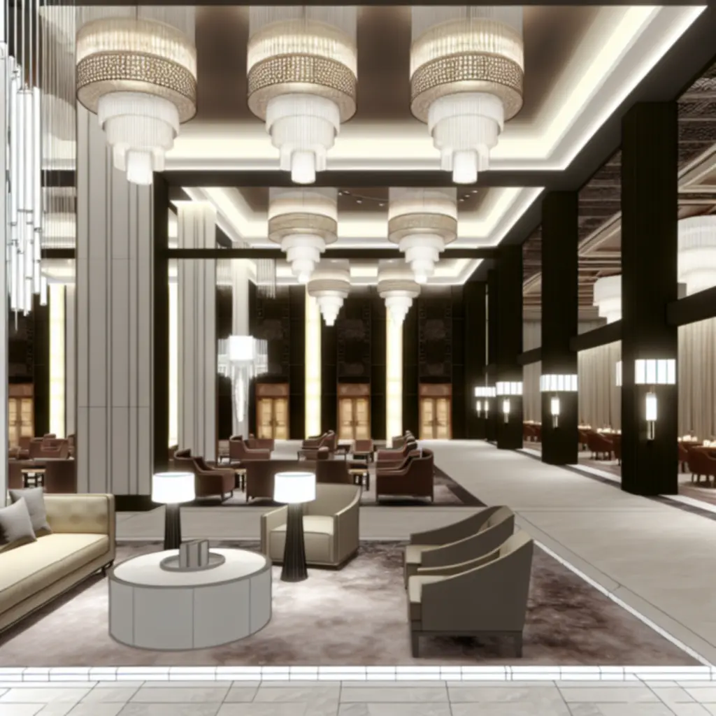 Boutique hotel lobby with custom chandeliers and dramatic warm lighting