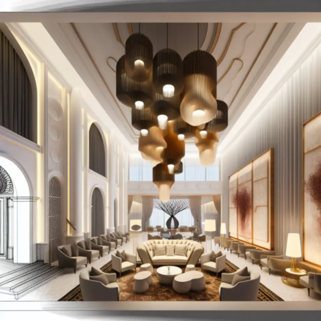 Boutique hotel lobby with sculptural fixtures and ambient lighting.