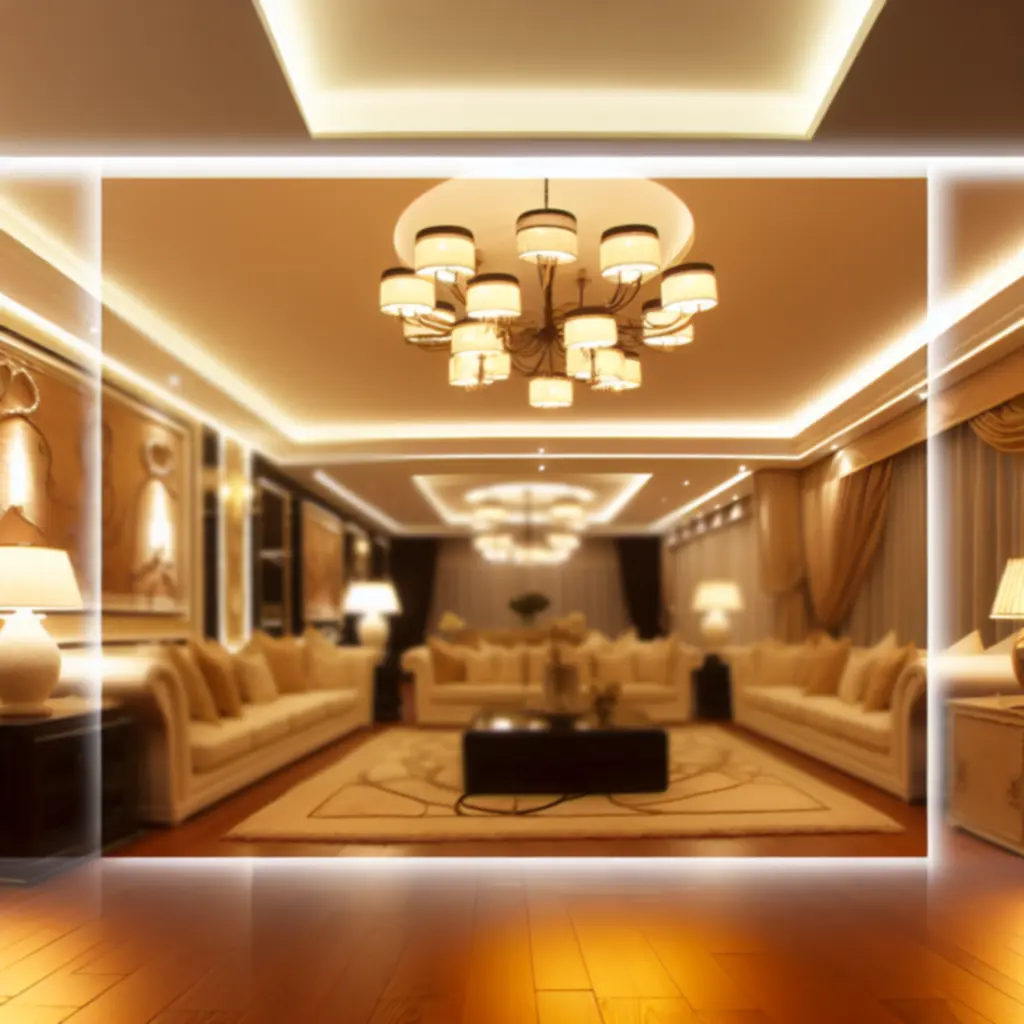 Warmly illuminated contemporary living room showcasing layered interior lighting design.