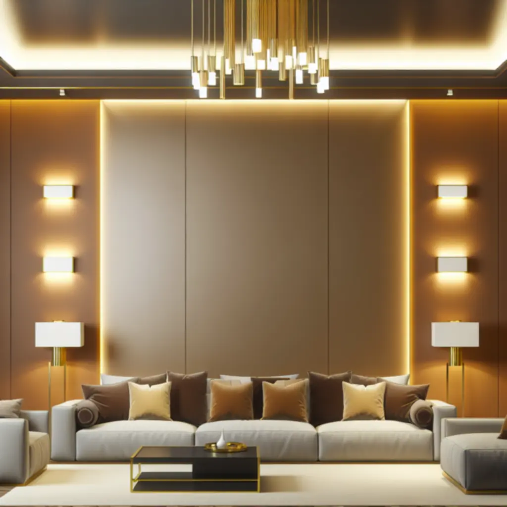 Luxurious living room with warm layered lighting and sculptural fixtures