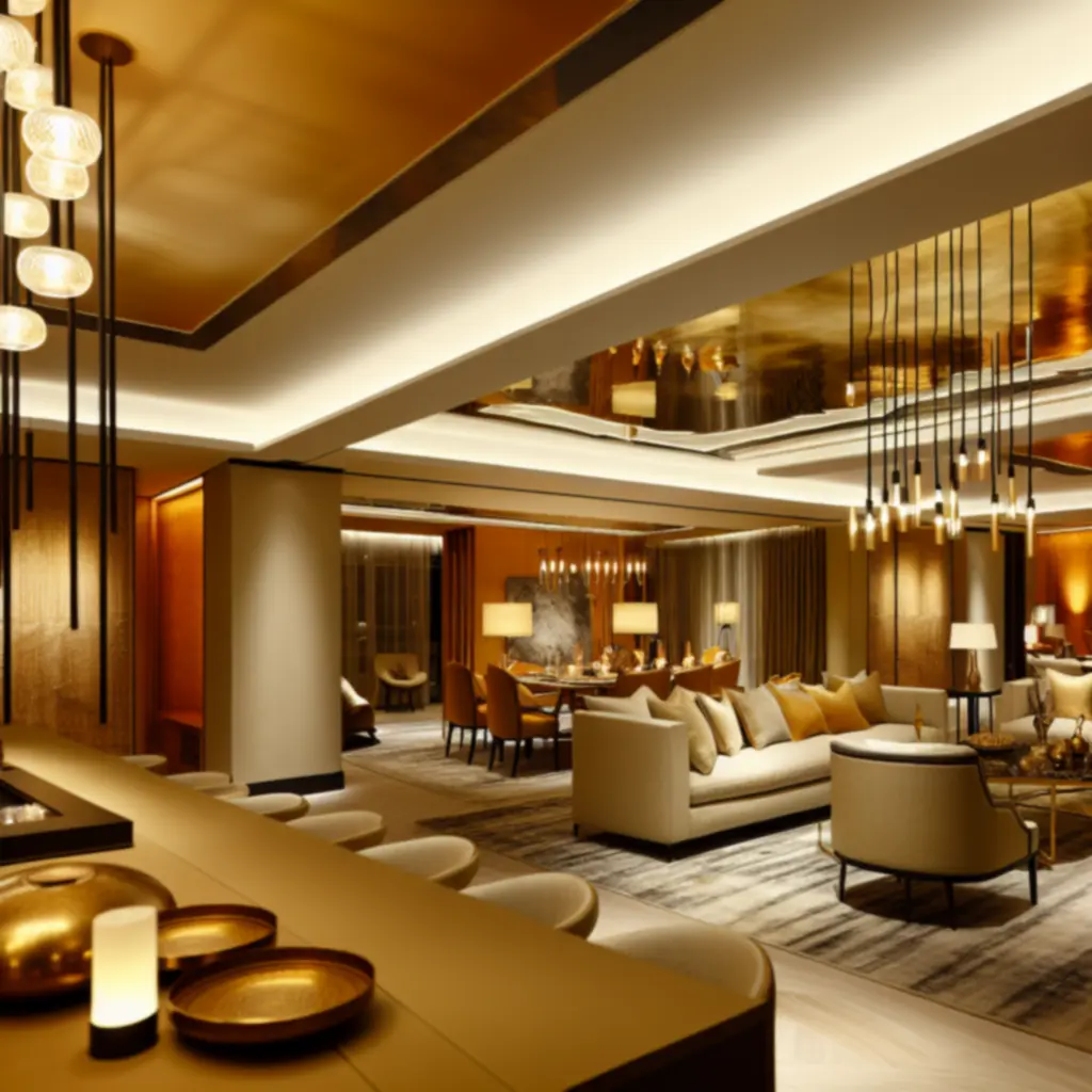 Luxury residence interior featuring layered warm lighting and elegant fixtures.