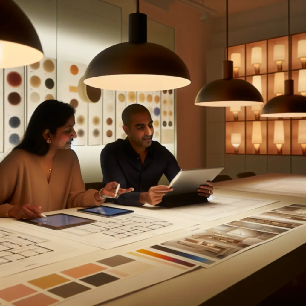 Lighting designers reviewing a modern interior layout plan in a warmly lit studio.
