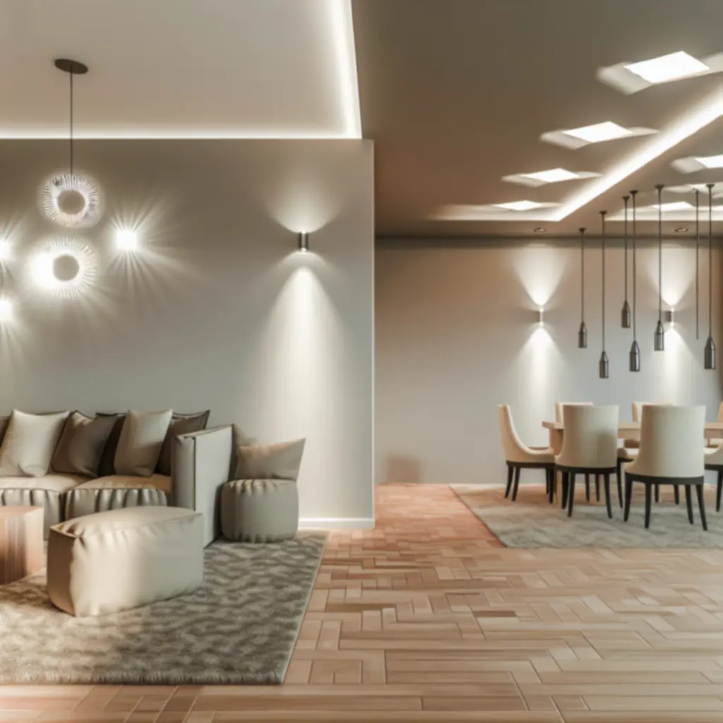 Elegant modern interior with warm layered lighting and contemporary furnishings.