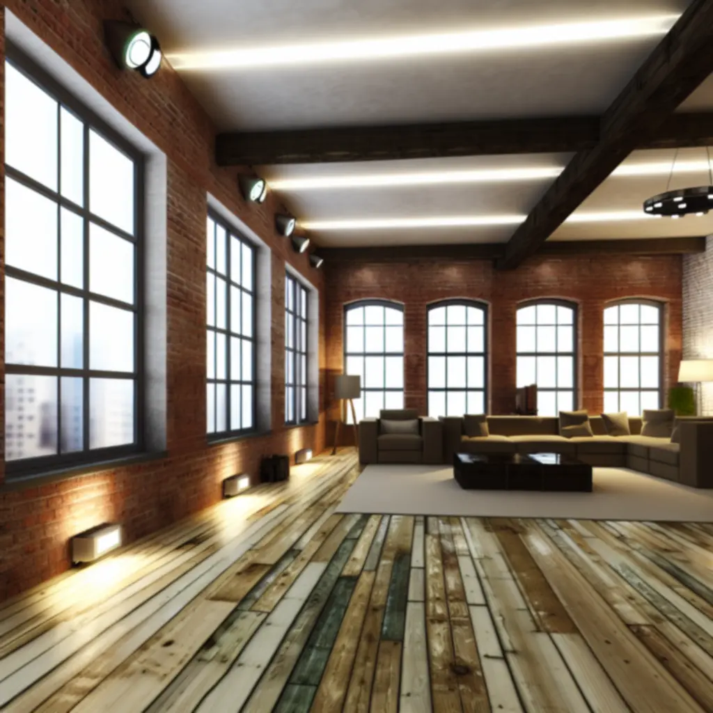 Urban loft living room with warm layered lighting on beams and furnishings.